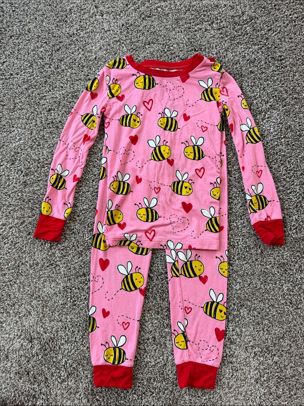 Little Sleepies Pink Bee Print Long Sleeve Pajama Set with Red Trim